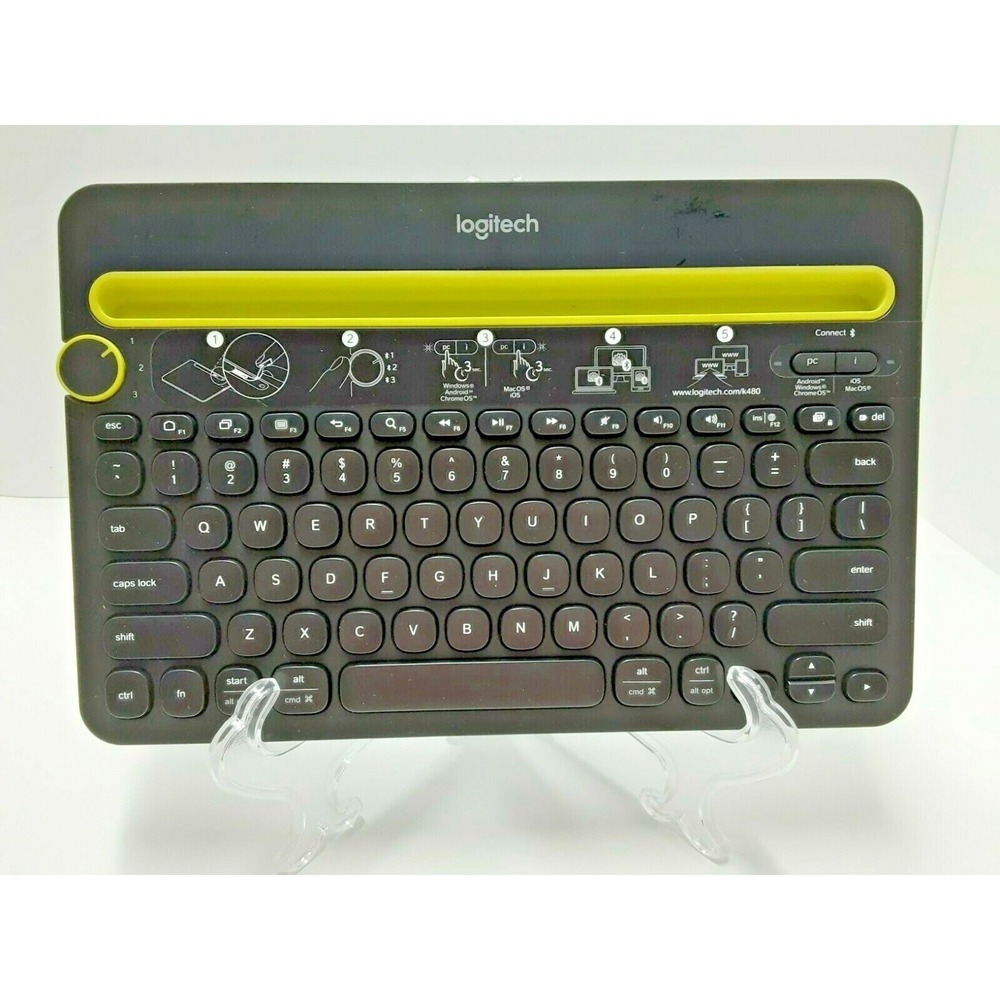 Logitech K480 Bluetooth Multi-Device Keyboard Black Lime Green Tablet Phone Slot